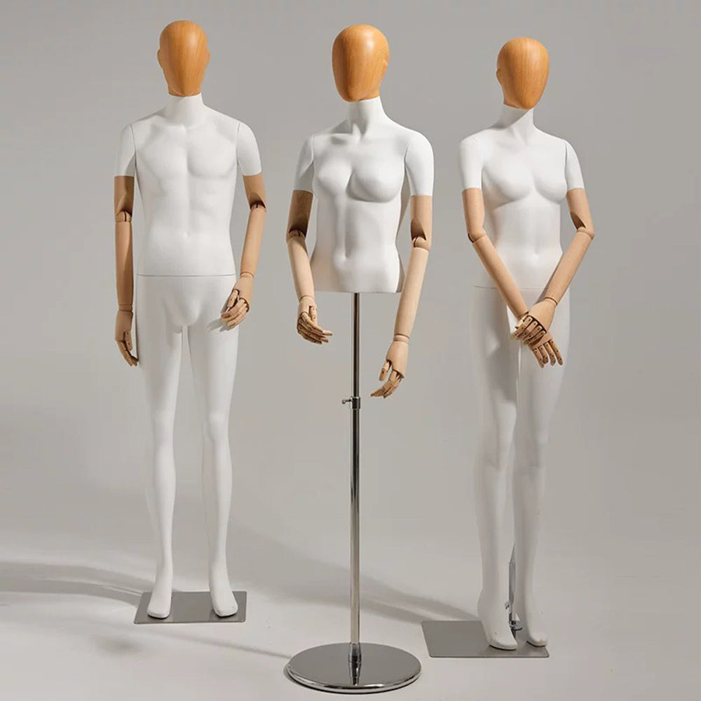 White Fiberglass Full & Half Body mannequin with Wooden Arms and hand - JELIMATE Premium Mannequin Set