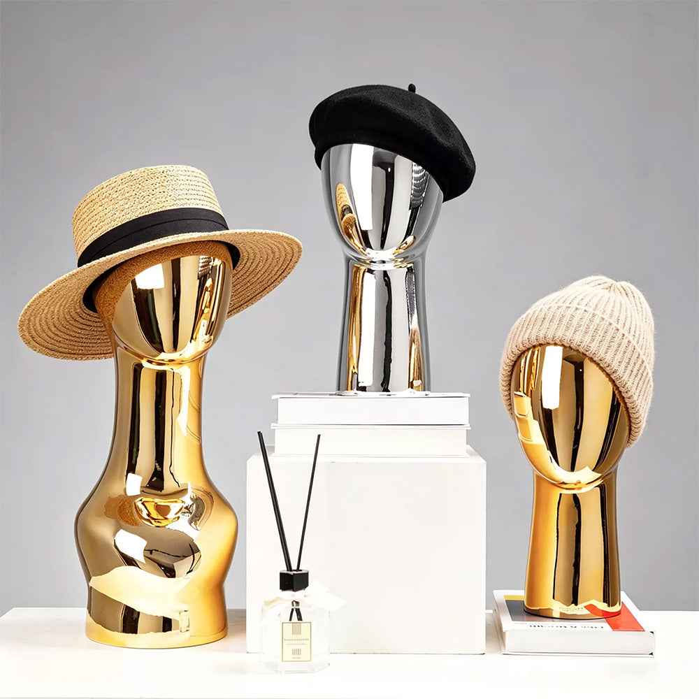JELIMATE Long Neck Mannequin Head Scarf Hat & Wig Display Stand in Mirror Gold or Silver
