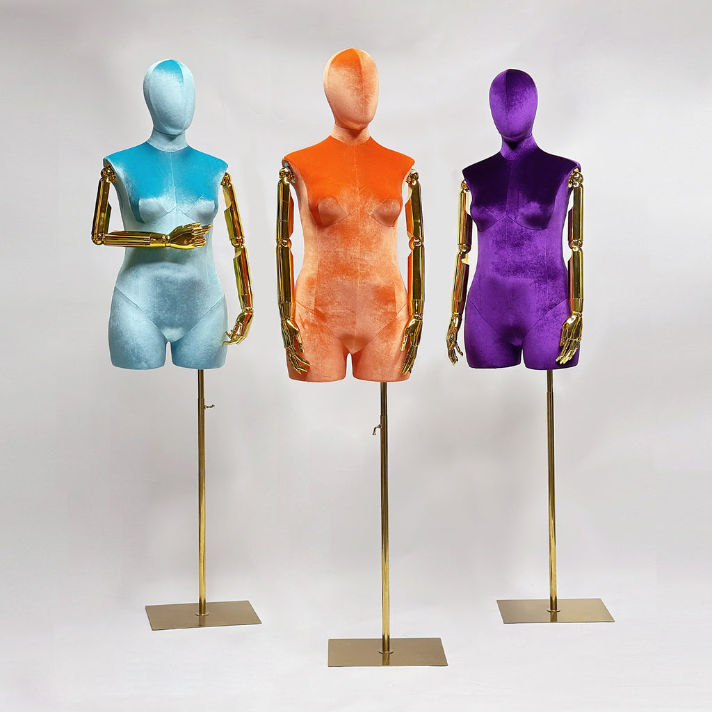 Velvet Display Form - Luxury Plus Size Female Mannequin Torso with Gold Arms | JELIMATE
