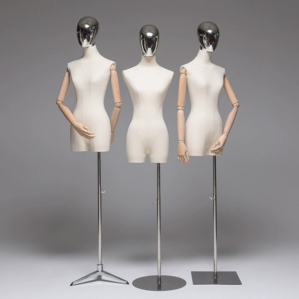 Jelimate Half Body Female Display Dress Form Torso,Linen Fabirc Wrapped Mannequin With Silver Gold Head,Beige Dress Form Clothing Display Model Props