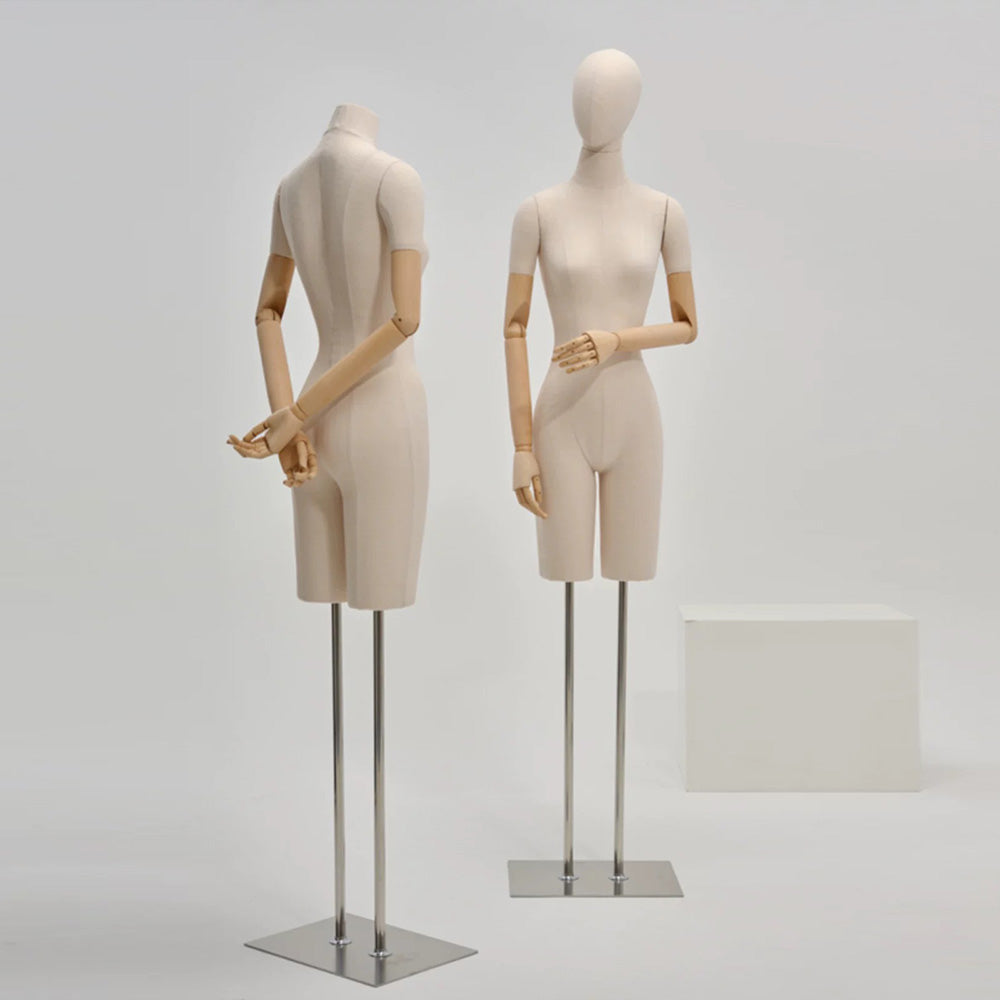Jelimate Half Body Female Mannequin Torso With Base,Grey Linen Dress Form Manikin Body With Wooden Arms,Window Display Dress Form for Gowns,Clothing Display Model Wedding Evening Dress Mannequin