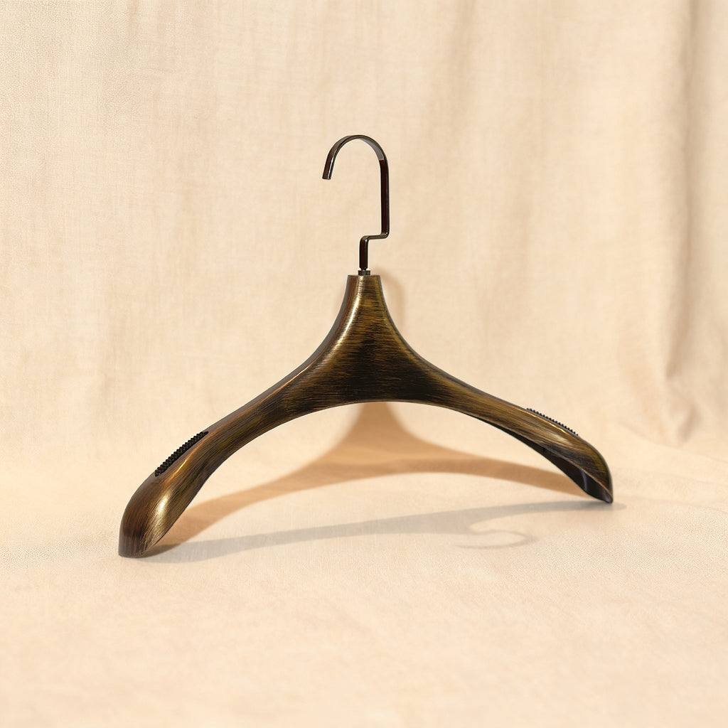 Vintage Black Gold Hand-Brushed Metal Clothes Hanger - Custom Logo Textured Finish for Suits & Coats
