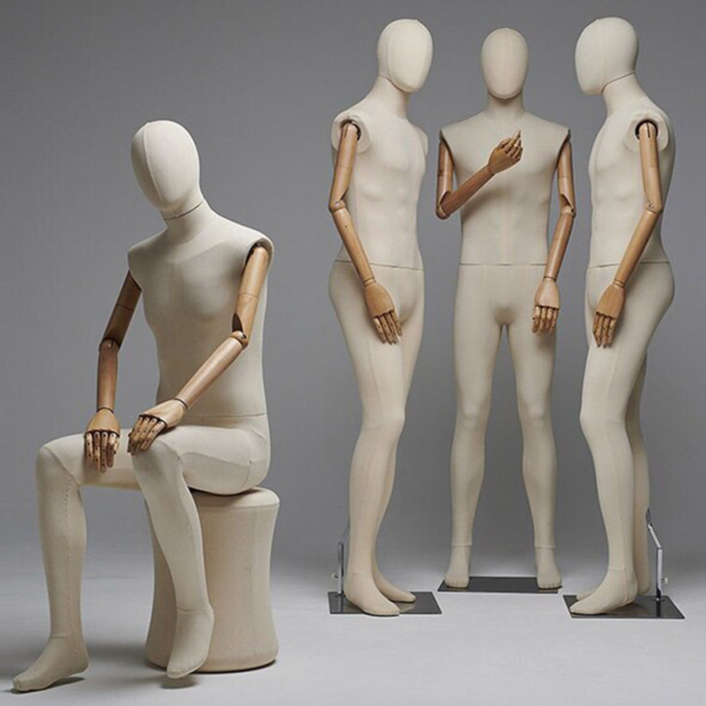 Jelimate Realistic Male and Female Full Body Mannequin,Linen Fabric Beige Mannequin Torso With Wooden Arms,Women and Men Full Body Display Mannequin Dress Form,Clothing Shop Clothes Display Model JMFF02
