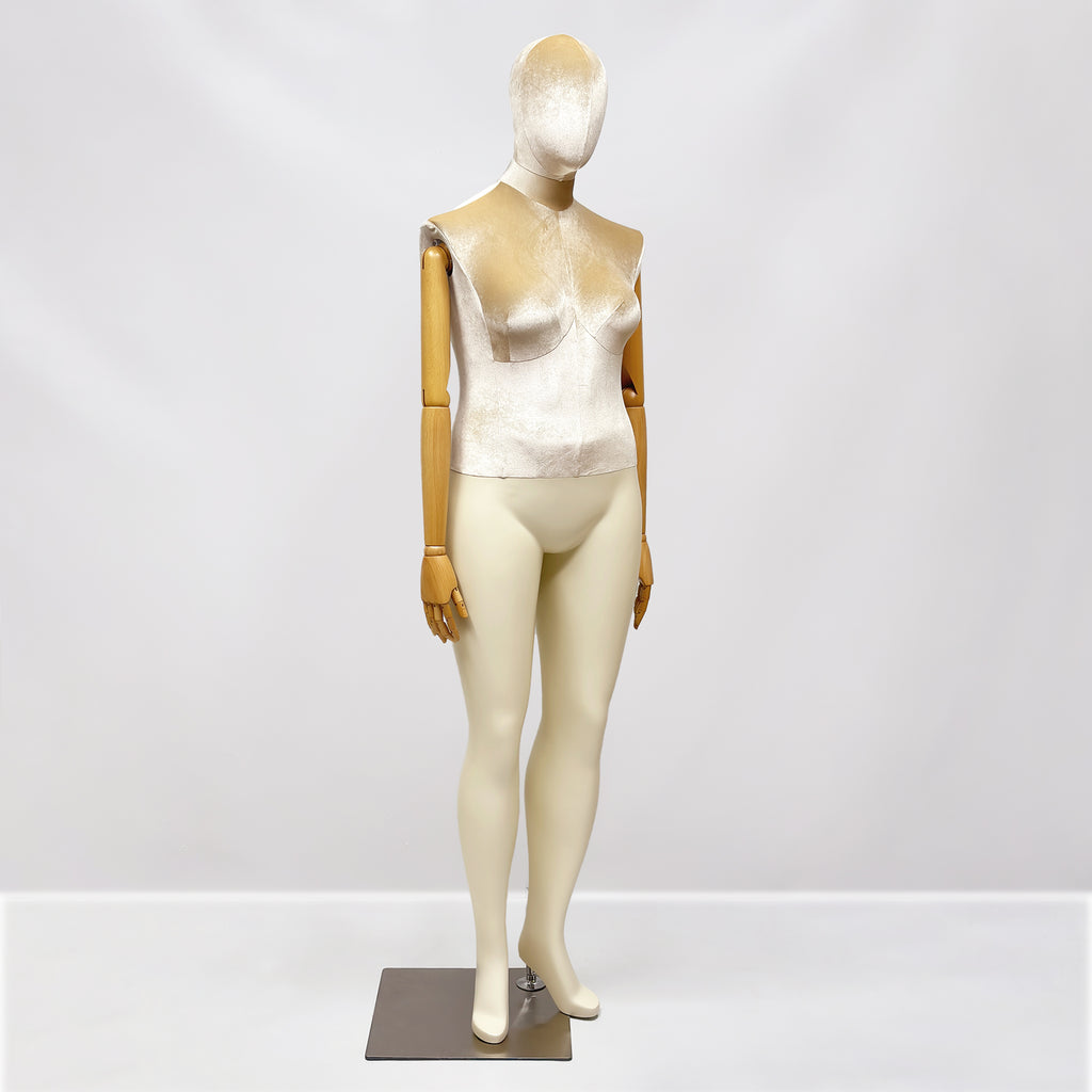 Elegant Plus Size Female Mannequin with Wooden Arms & Velvet Torso