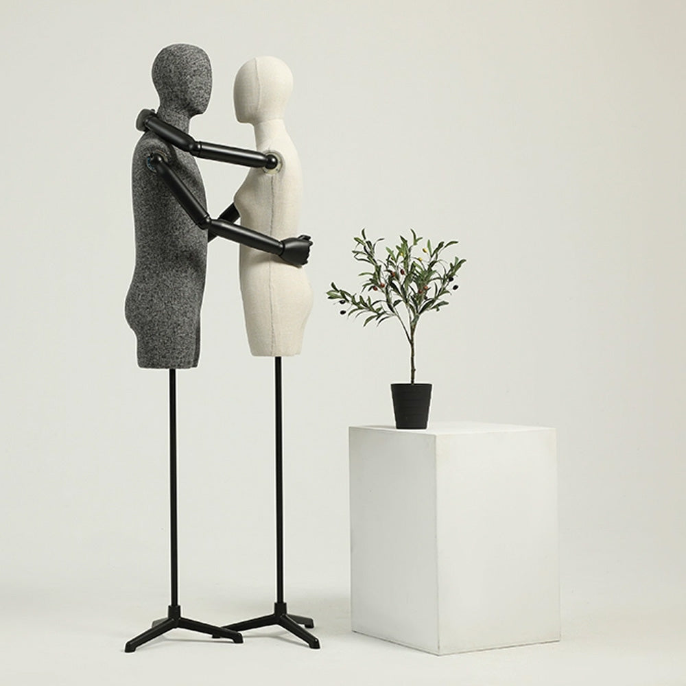 JELIMATE Half Body Male Female Dress Form Torso,Natural Linen Fabric Covered Mannequin,Women Men Clothing Display Mannequin Torso With Wooden Arms