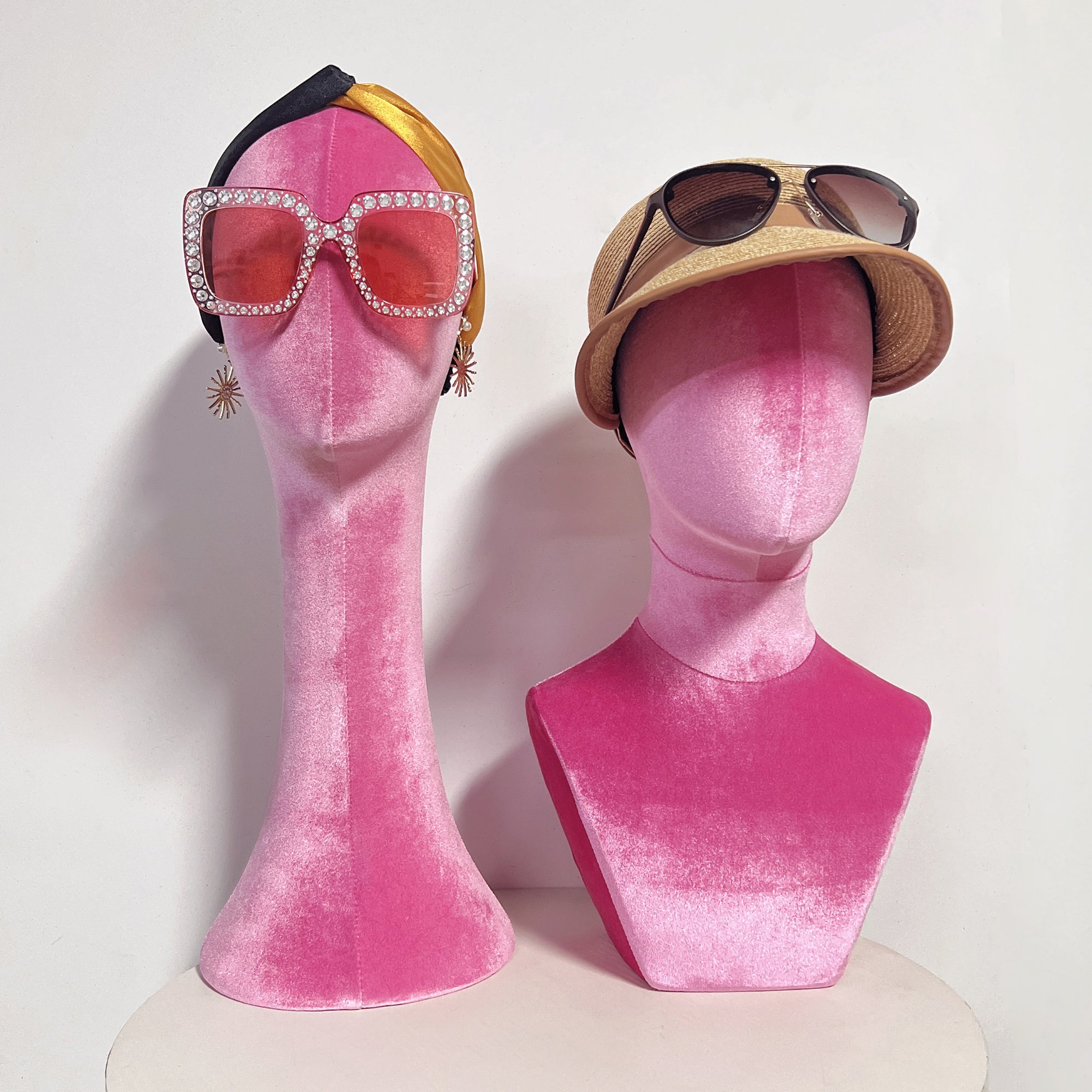 JELIMATE Fully Pinnable Female Mannequin Head Model,Luxury Pink Velvet Mannequin Head Dress Form,Headband Headphone Sunglasses Jewelry Wig Display Head Mannequin Hat Display Stand Manikin