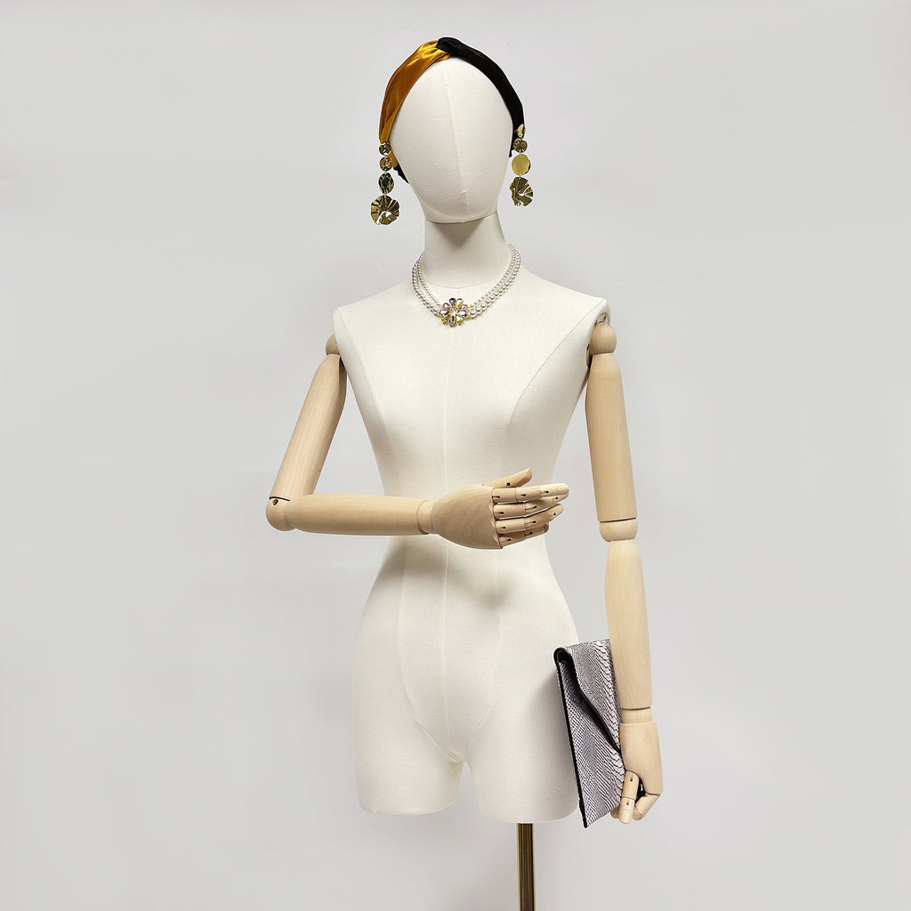 Fabric Mannequin Torso with Wooden Arms - Beige Bamboo Linen Female Display Form