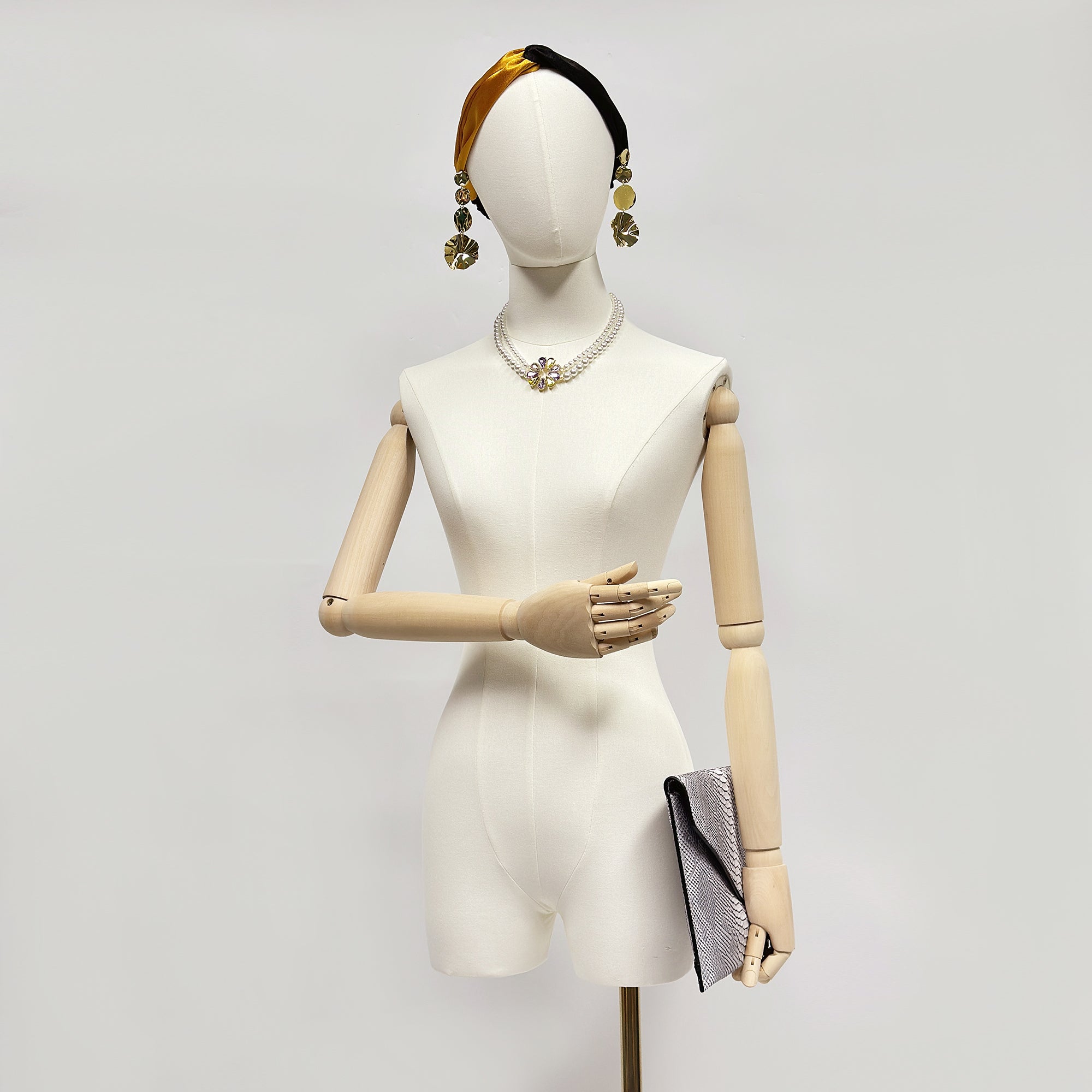 Fabric Mannequin Torso with Wooden Arms - Beige Bamboo Linen Female Display Form