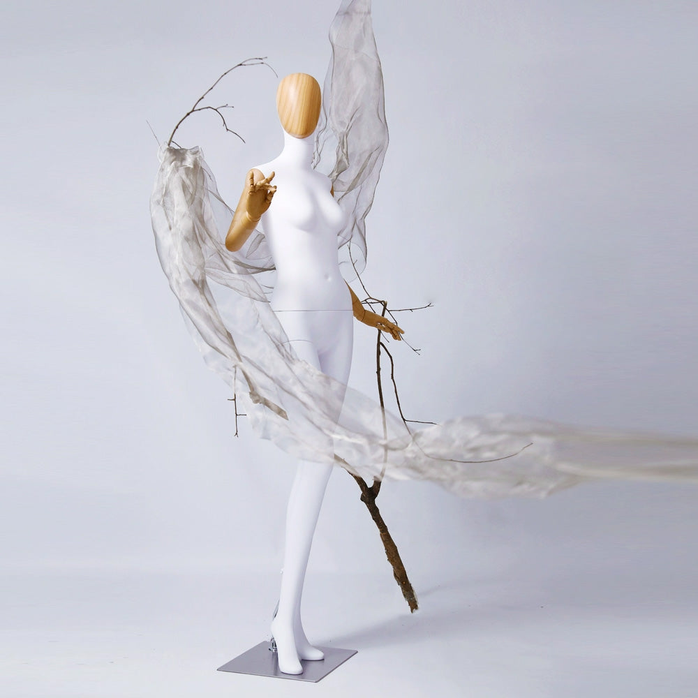 Maniquí de cuerpo completo para mujer de alta gama Jelimate, modelo de exhibición de ropa para tienda de ropa con cabeza de veta de madera, maniquí de mujer adulta con brazos de madera de plástico