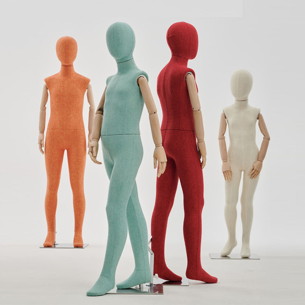 JELIMATE Kid Full Body Mannequin with Dajustable Wooden Arms | Linen-Wrapped Fiberglass Child Dress Form | 6 Poses & Colors