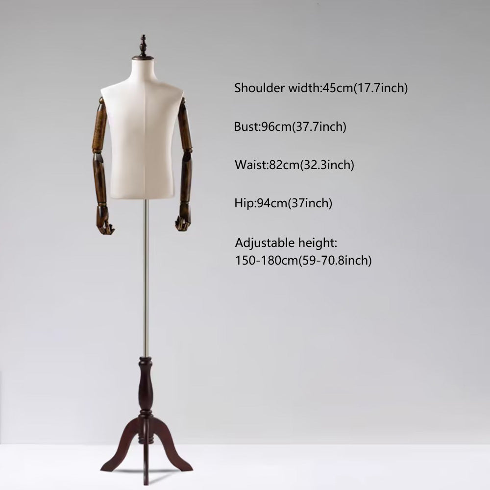 Male Half Body Mannequin with Wooden Arms - Professional Dress Form Torso for Retail Display