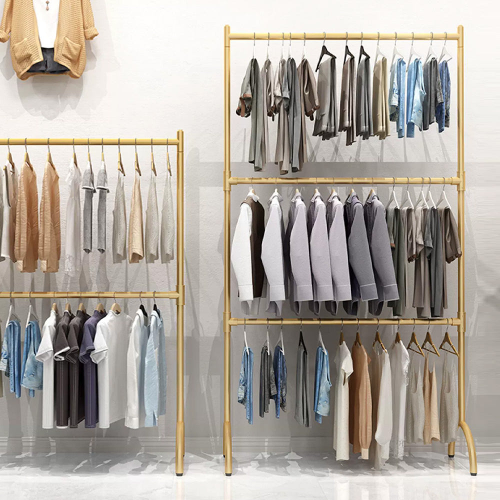 Jelimate Standard Double Layers Poles Clothing Hanger Hanging Clothes Rack With Shelf,Boutique Store Children Kids Adult Clothing Display Rack,Stainless Steel Gold Clothing Rack Wall Metal Coat Rack