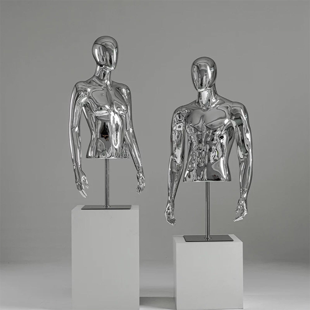 JELIMATE Silver Chrome Half Body Mannequin for Clothes | Male & Female Electroplated Torso