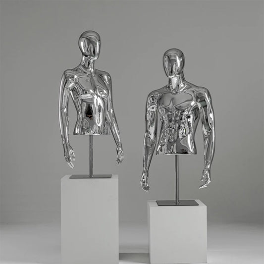 JELIMATE Silver Chrome Half Body Mannequin for Clothes | Male & Female Electroplated Torso