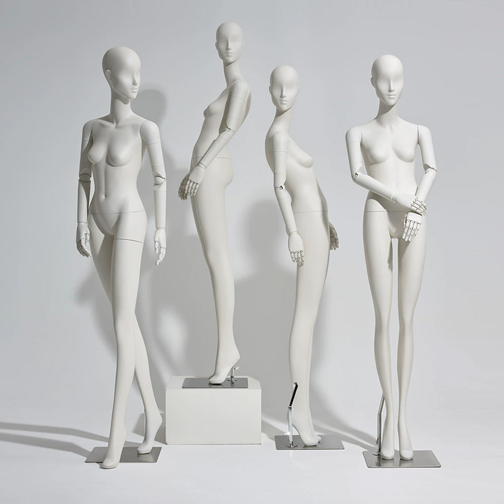 Avant-Garde Full Body Female Mannequin – Matte White Fiberglass with Matching Articulated Wooden Hands