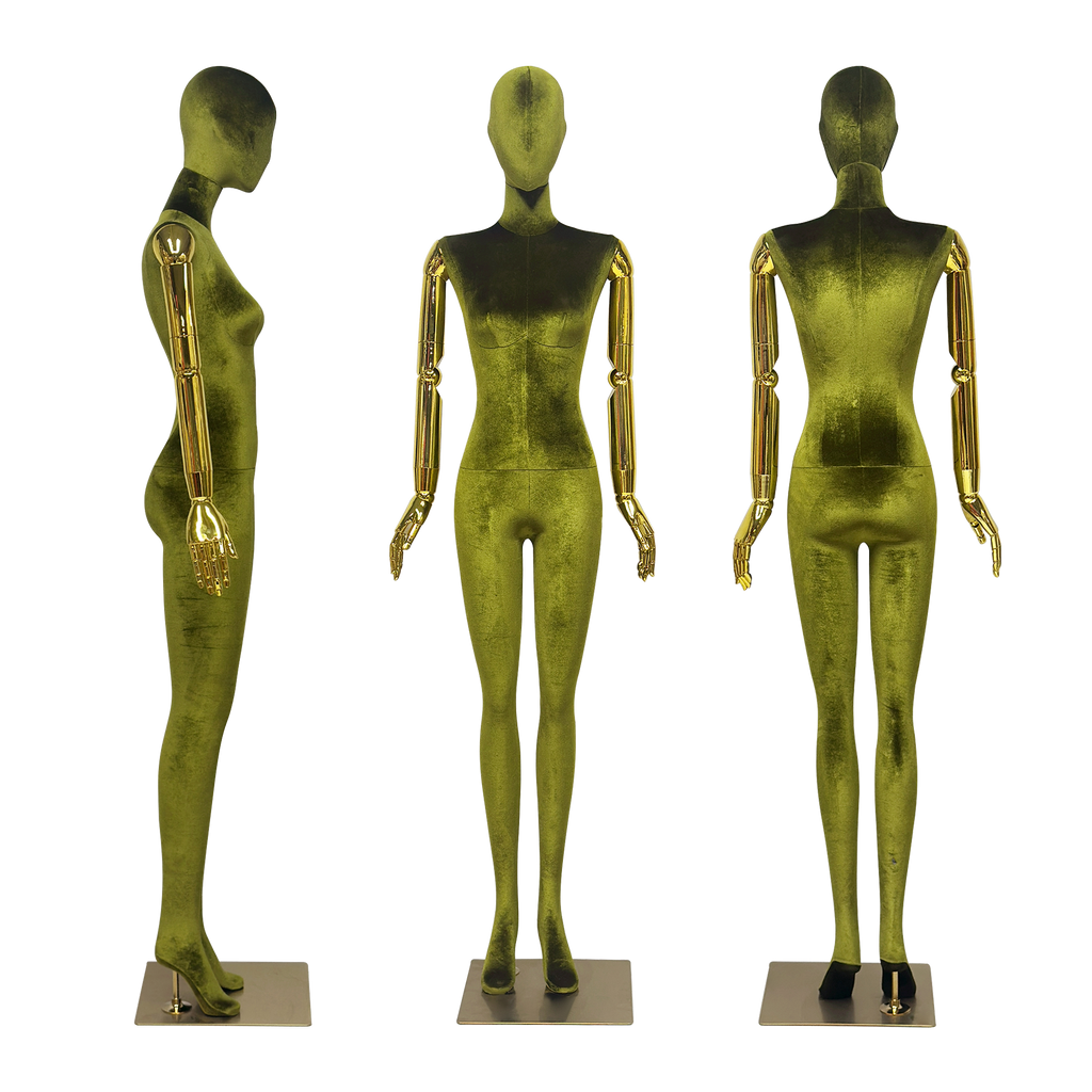 JELIMATE Velvet Female Mannequin Full Body with Gold Poseable Arms, Boutique Display