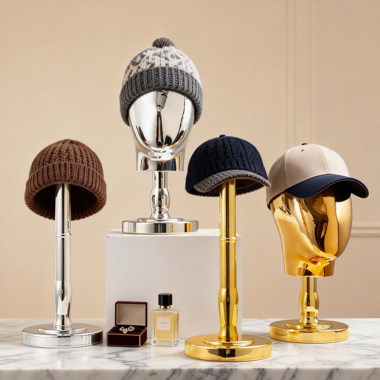 Premium Electroplated Hat Display Stand | Modular Mannequin Head Rack for Retail & Home