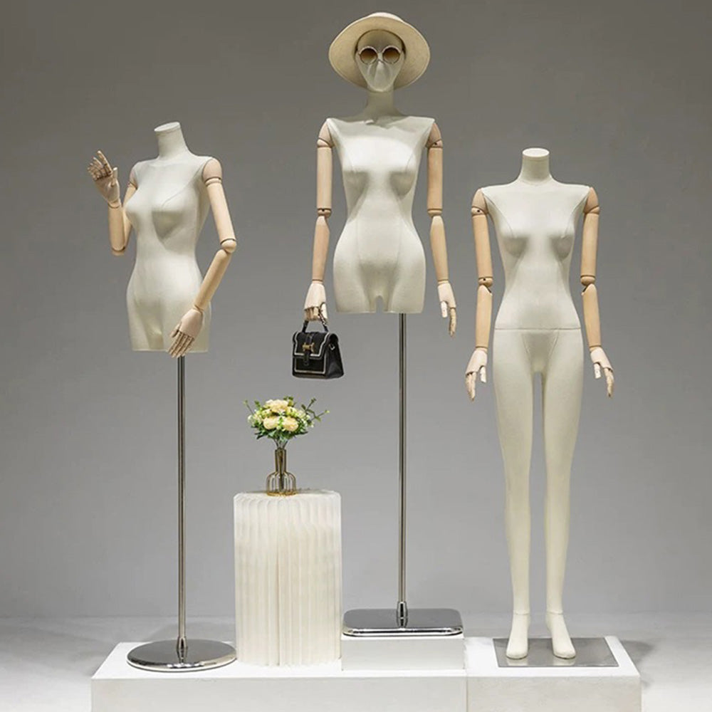 Jelimate Female Full Body Mannequin in Standing & Sitting Pose,Linen Fabric Beige Dress Form Mannequin,Female Body Mannequin With Wooden Arms,Window Display Female Full Body Model,Clothing Shop Clothing Display Mannequin Torso