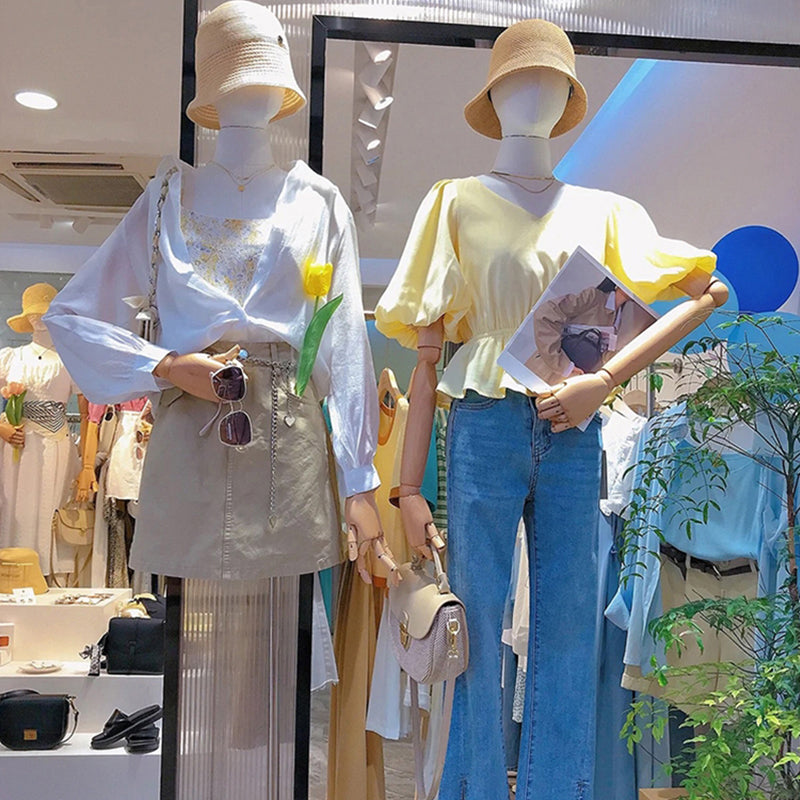 Jelimate Natural Canvas Female Mannequin Torso with Head | Adjustable Half Body Dress Form with Wooden Arms & Gold Base | Women Clothing Display Stand