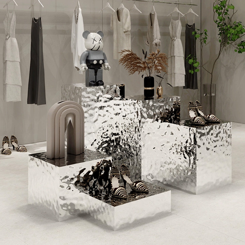 Jelimate Stainless Steel Floor Mirror Water Ripple Silver Display Rack Mannequin Risers,Clothing Shop Mannequin Platform Shop Fitting Mannequin Stand,Round Square Dress Form Pedestal Plinth Props
