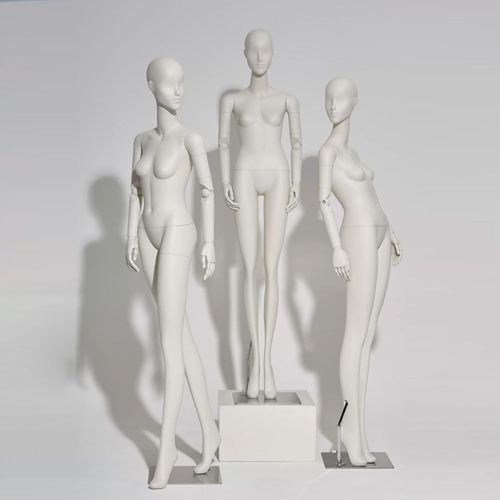 Avant-Garde Full Body Female Mannequin – Matte White Fiberglass with Matching Articulated Wooden Hands