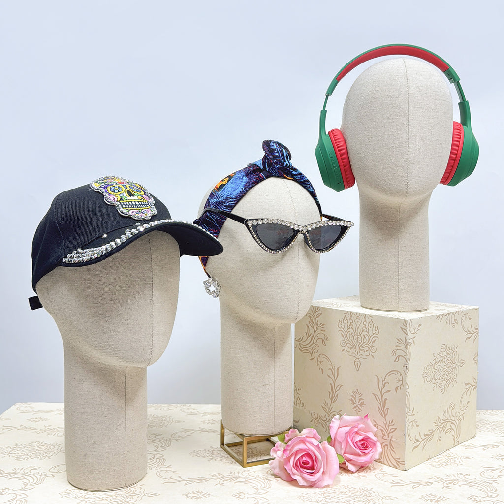 Jelimate Head Mannequin,Grey Linen Fabric Mannequin Head Dress Form,Hat Display Head Model Wig Display Stand,Headband Sunglasses Headphone Display Head Form