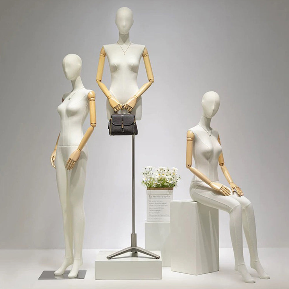 Jelimate Female Full Body Mannequin in Standing & Sitting Pose,Linen Fabric Beige Dress Form Mannequin,Female Body Mannequin With Wooden Arms,Window Display Female Full Body Model,Clothing Shop Clothing Display Mannequin Torso
