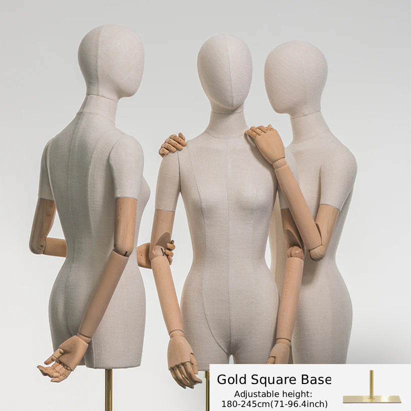 Adjustable Female Half-Body Mannequin with Linen Cover and Wooden Arms for Clothing Display