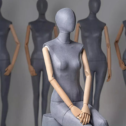 JELIMATE Luxury Grey Suede Female Full Body Mannequin | Adjustable Wooden Arms