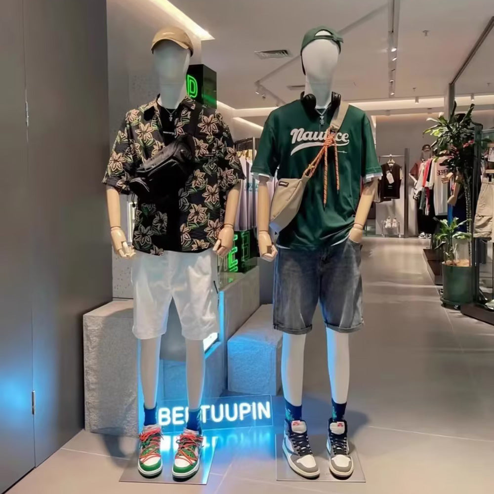 Jelimate Realistic Male and Female Full Body Mannequin,Linen Fabric Beige Mannequin Torso With Wooden Arms,Women and Men Full Body Display Mannequin Dress Form,Clothing Shop Clothes Display Model JMFF02