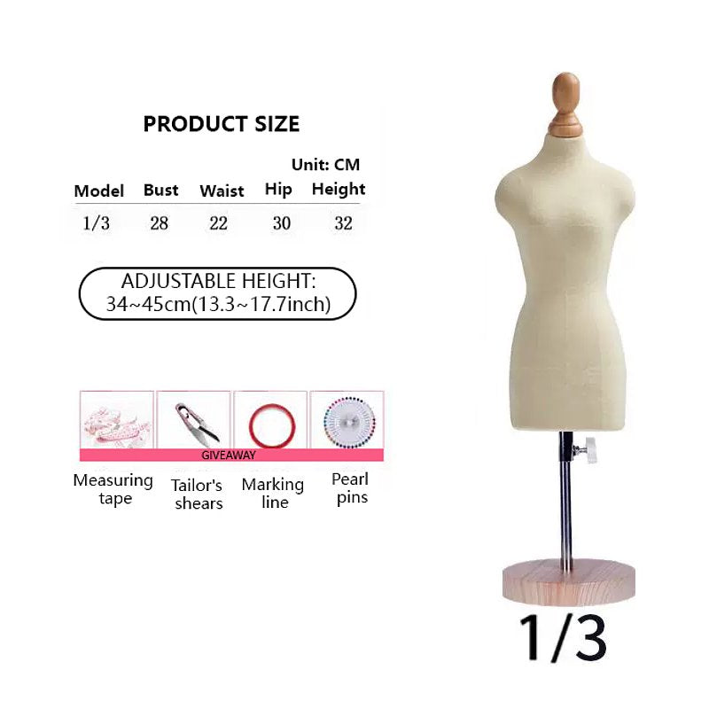 Female Half Scale Dress Form Fully Pinnable - 1/2, 1/3, 1/4