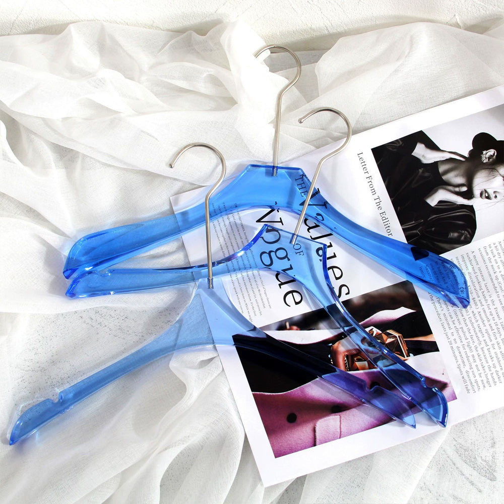 Jelimate Clothing Boutique Store Acrylic Pant Clothing Hanger Hanging Garment Rack Transparent Clear Blue Wedding Dress Hanger for Clothes Display Stand