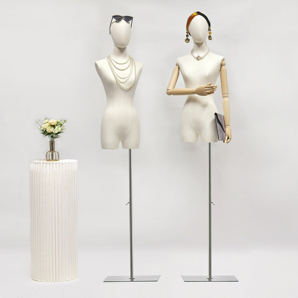 Fabric Mannequin Torso with Wooden Arms - Beige Bamboo Linen Female Display Form