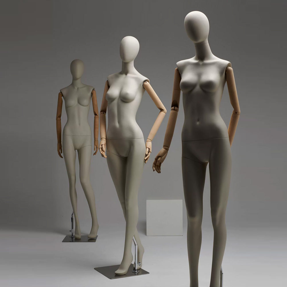 JELIMATE Premium Female Display Mannequin - Matte Beige Fiberglass Body with Articulated Real Wood Arms & Stable Calf-Support Base
