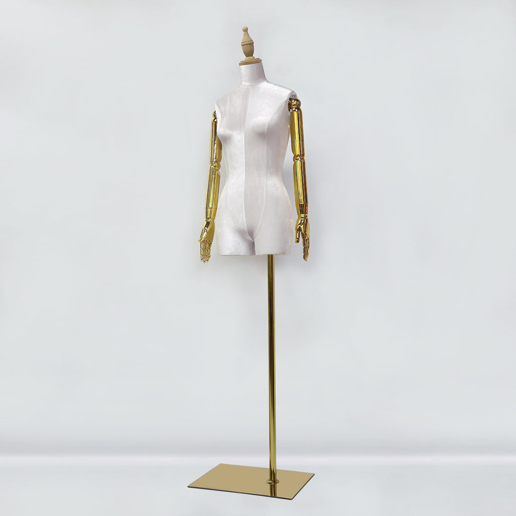 Jelimate High Quality Female Plus Size Mannequin With Gold Arms,Window Display Beige Pink Velvet Dress Form Torso,Women Clothing Store Clothing Display Model