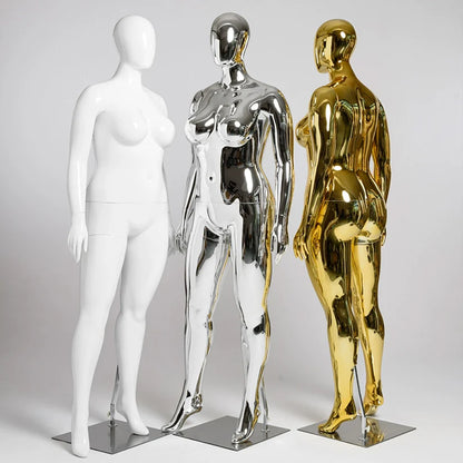 Maniquí femenino de lujo Jelimate con ventana dorada y plateada, con curvas y pechos grandes.