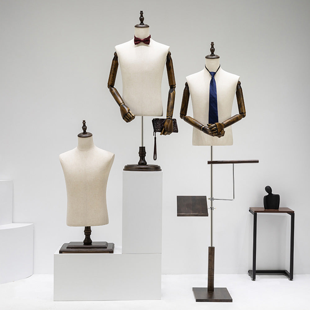 Male Half Body Mannequin with Wooden Arms - Professional Dress Form Torso for Retail Display