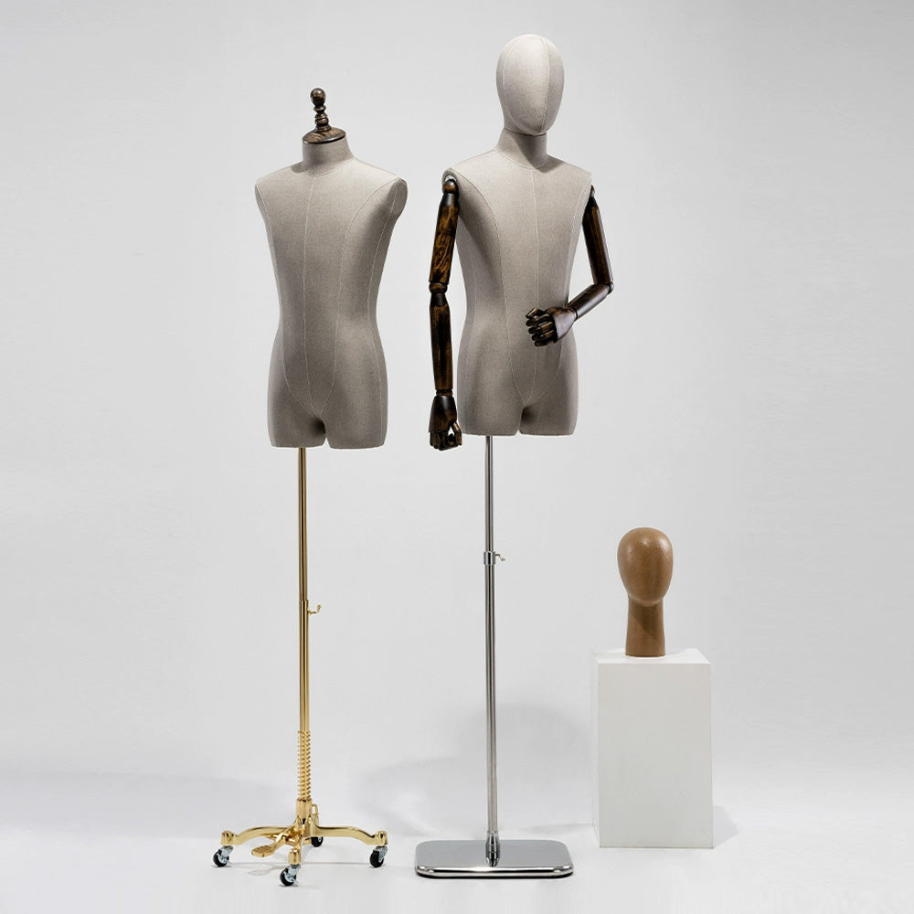 Jelimate Half Body Male Mannequin Torso with Wooden Arms & Head | Coffee Gray Black