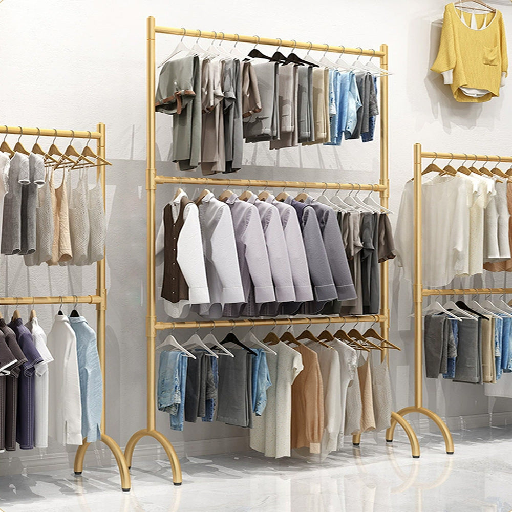 Jelimate Standard Double Layers Poles Clothing Hanger Hanging Clothes Rack With Shelf,Boutique Store Children Kids Adult Clothing Display Rack,Stainless Steel Gold Clothing Rack Wall Metal Coat Rack