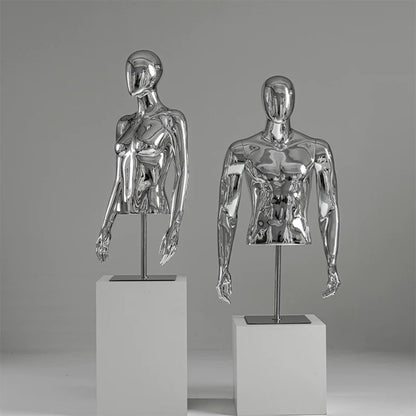 JELIMATE Silver Chrome Half Body Mannequin for Clothes | Male & Female Electroplated Torso