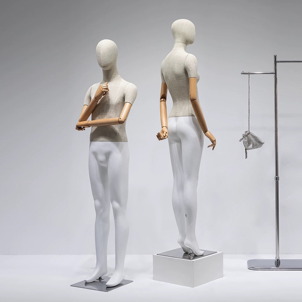 Jelimate High Quality Female Male Full Body Mannequin Dress Form,Upper Body Wrapped Bamboo Linen Fabric Bottom Leg Painting Matte White Dress Form With Wooden Arms