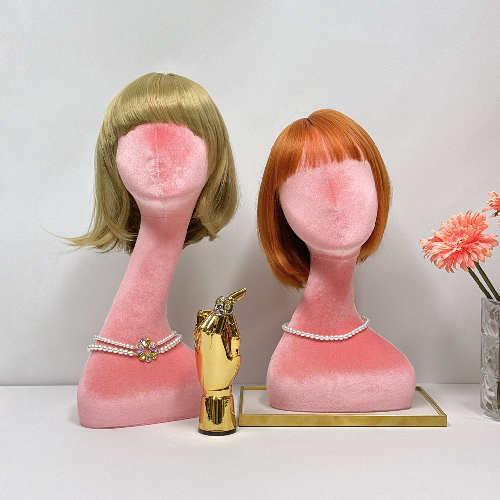 Jelimate Female Mannequin Head Dress Form Manikin,Long Neck Pink Velvet Mannequin Head for Wigs Jewelry Display Stand,Hat Display Head Mannequin Headphone Stand Sunglasses Display Holder
