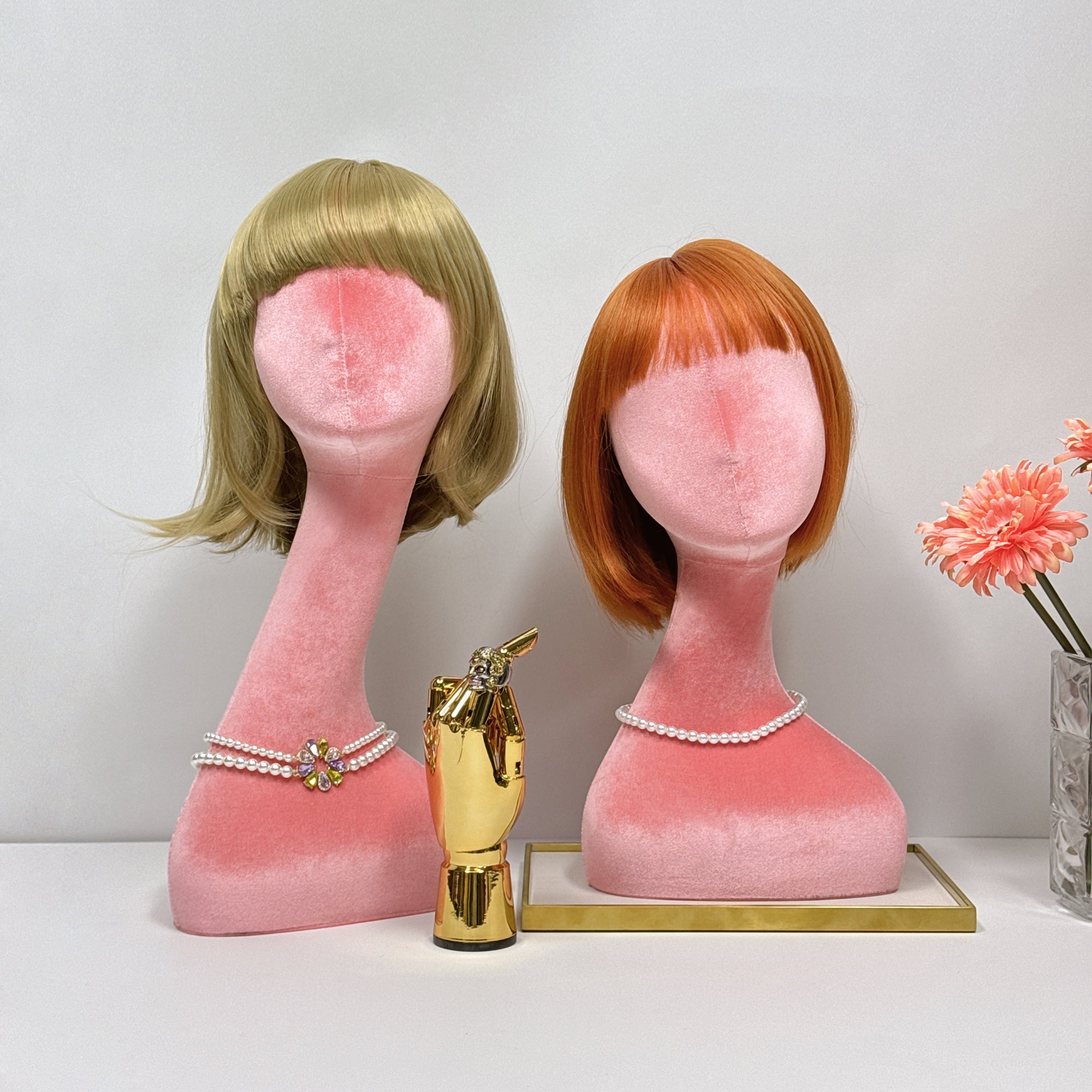 Jelimate Female Mannequin Head Dress Form Manikin,Long Neck Pink Velvet Mannequin Head for Wigs Jewelry Display Stand,Hat Display Head Mannequin Headphone Stand Sunglasses Display Holder