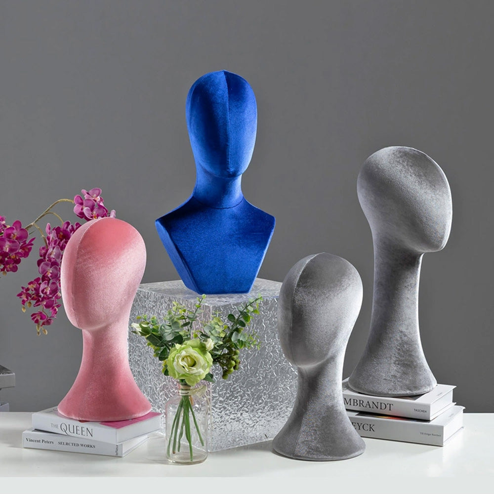 Flocked Mannequin Head Display Stand - Wig Hat Jewelry Holder with Pin-Insertable Surface