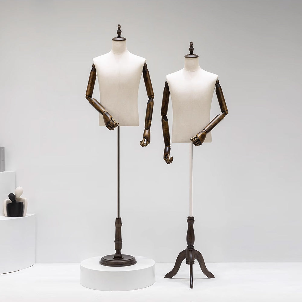 Male Half Body Mannequin with Wooden Arms - Professional Dress Form Torso for Retail Display