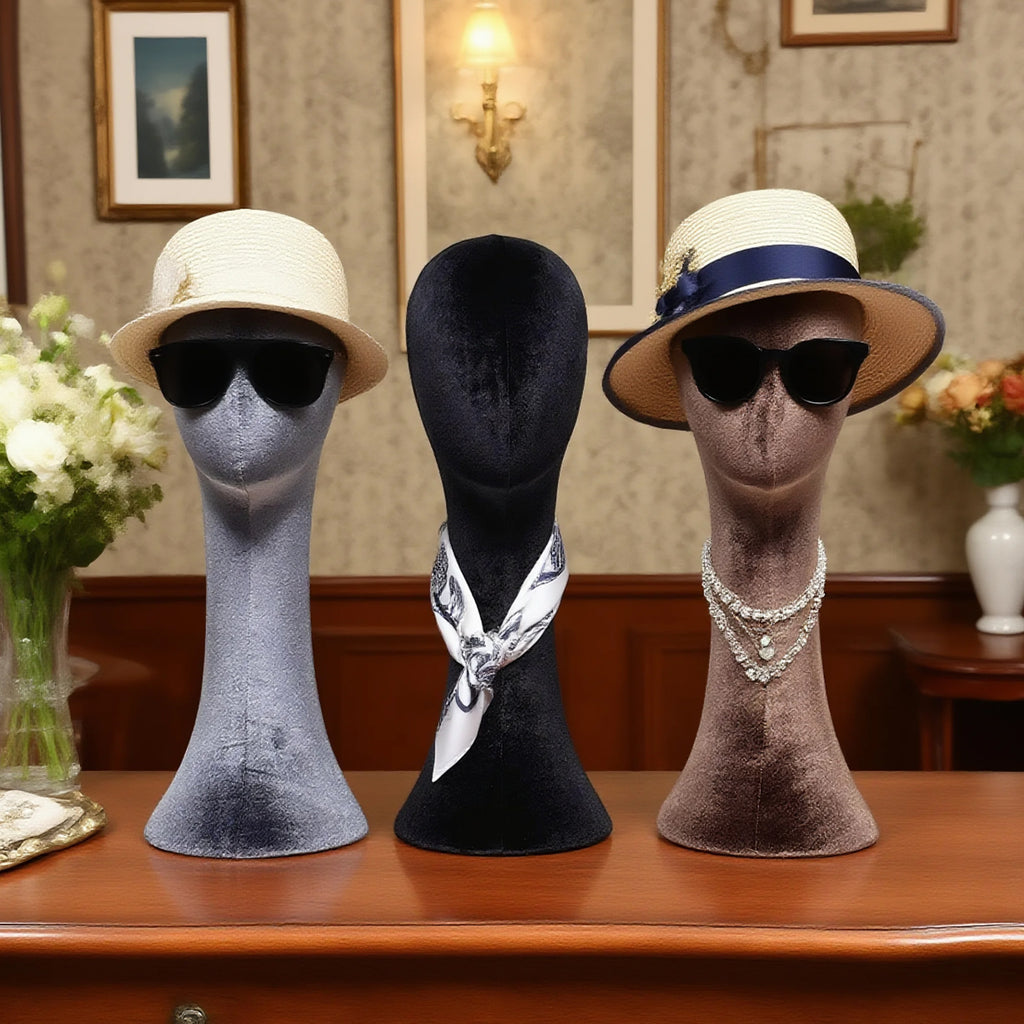 Luxury Velvet Foam Head Mannequin,Fully Pinnable Velvet Head Wig Jewelry Earring Display Stand, Hat Rack Brown Black Navy Blue Color
