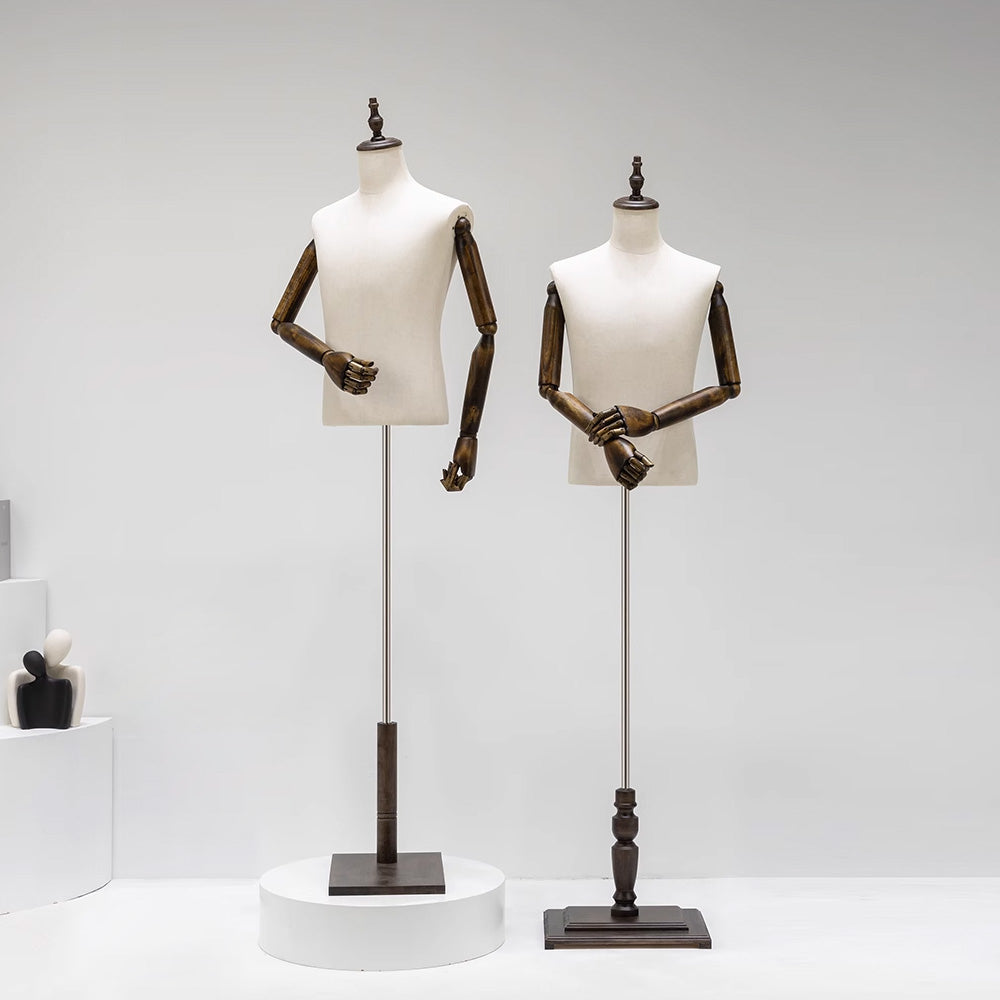 Male Half Body Mannequin with Wooden Arms - Professional Dress Form Torso for Retail Display