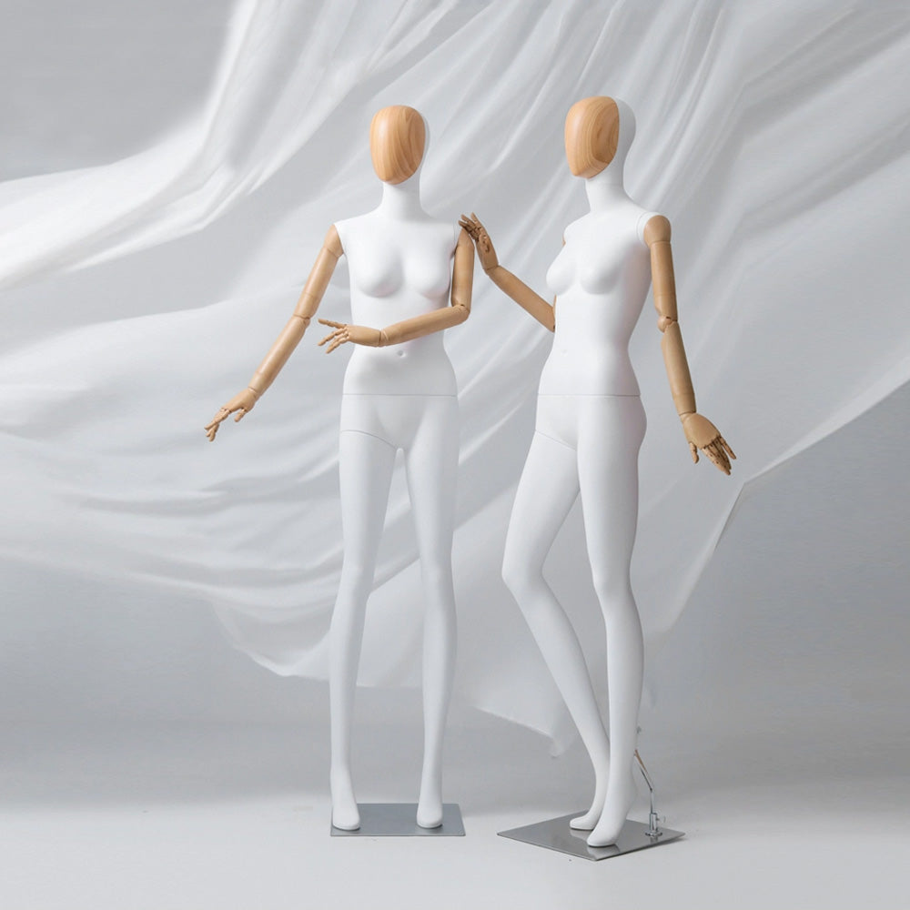 Maniquí de cuerpo completo para mujer de alta gama Jelimate, modelo de exhibición de ropa para tienda de ropa con cabeza de veta de madera, maniquí de mujer adulta con brazos de madera de plástico