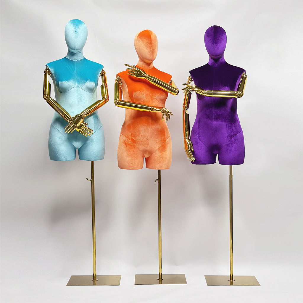 Velvet Display Form - Luxury Plus Size Female Mannequin Torso with Gold Arms | JELIMATE