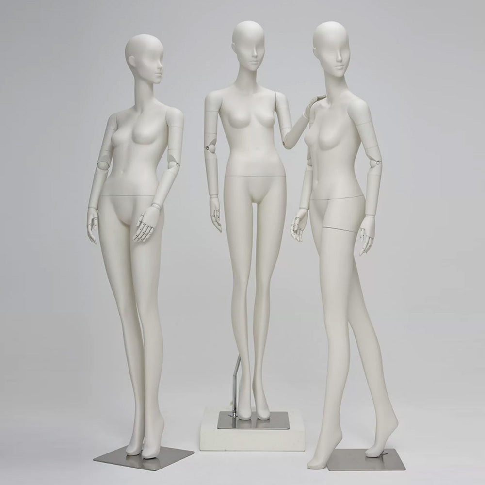 Avant-Garde Full Body Female Mannequin – Matte White Fiberglass with Matching Articulated Wooden Hands